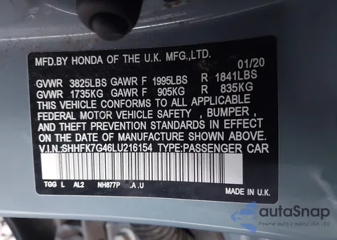 2020 Honda Civic Sport из США, поврежденный, VIN SHHFK7G46LU216154